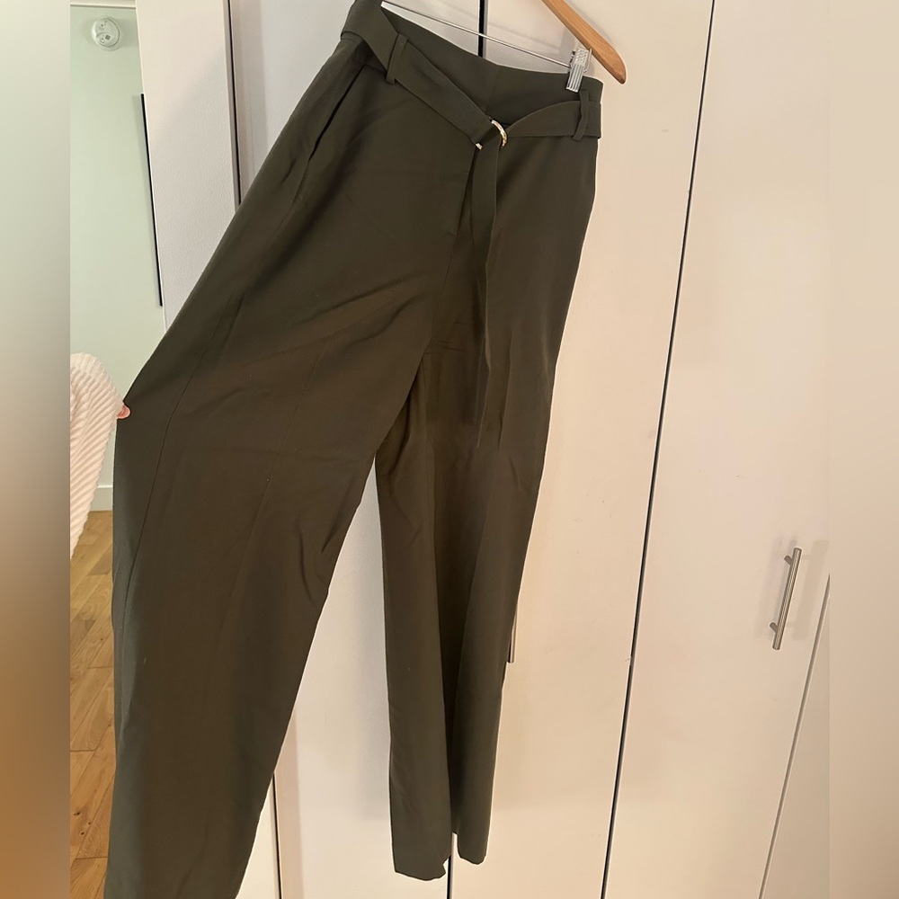 Wool Olive Green Lewitt Wide Leg Trousers with built in belt